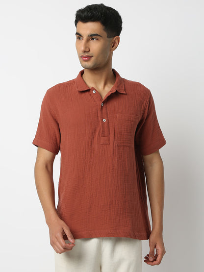 Relaxed Fit Solid Shirt Collar Half Sleeve Shirt