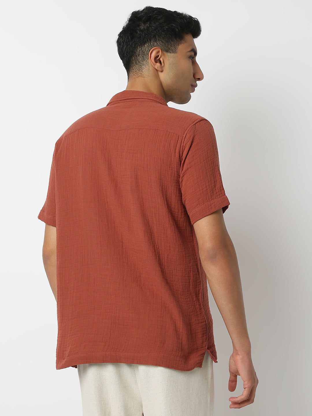 Relaxed Fit Solid Shirt Collar Half Sleeve Shirt