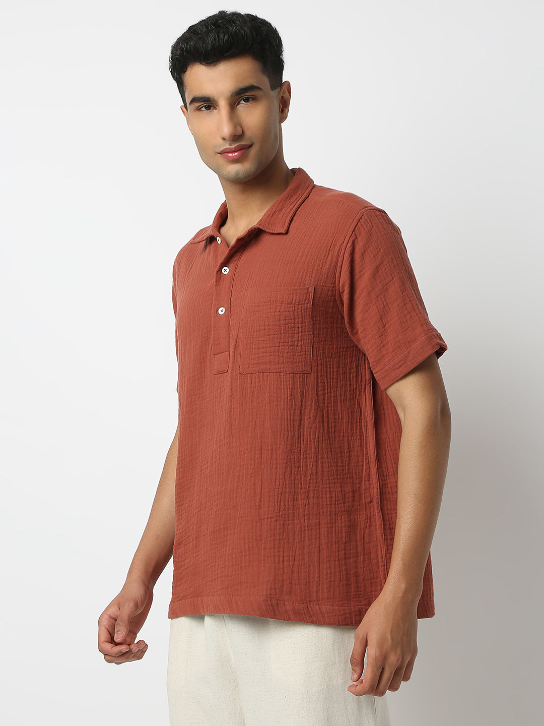 Relaxed Fit Solid Shirt Collar Half Sleeve Shirt