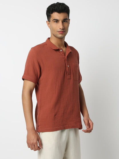 Relaxed Fit Solid Shirt Collar Half Sleeve Shirt