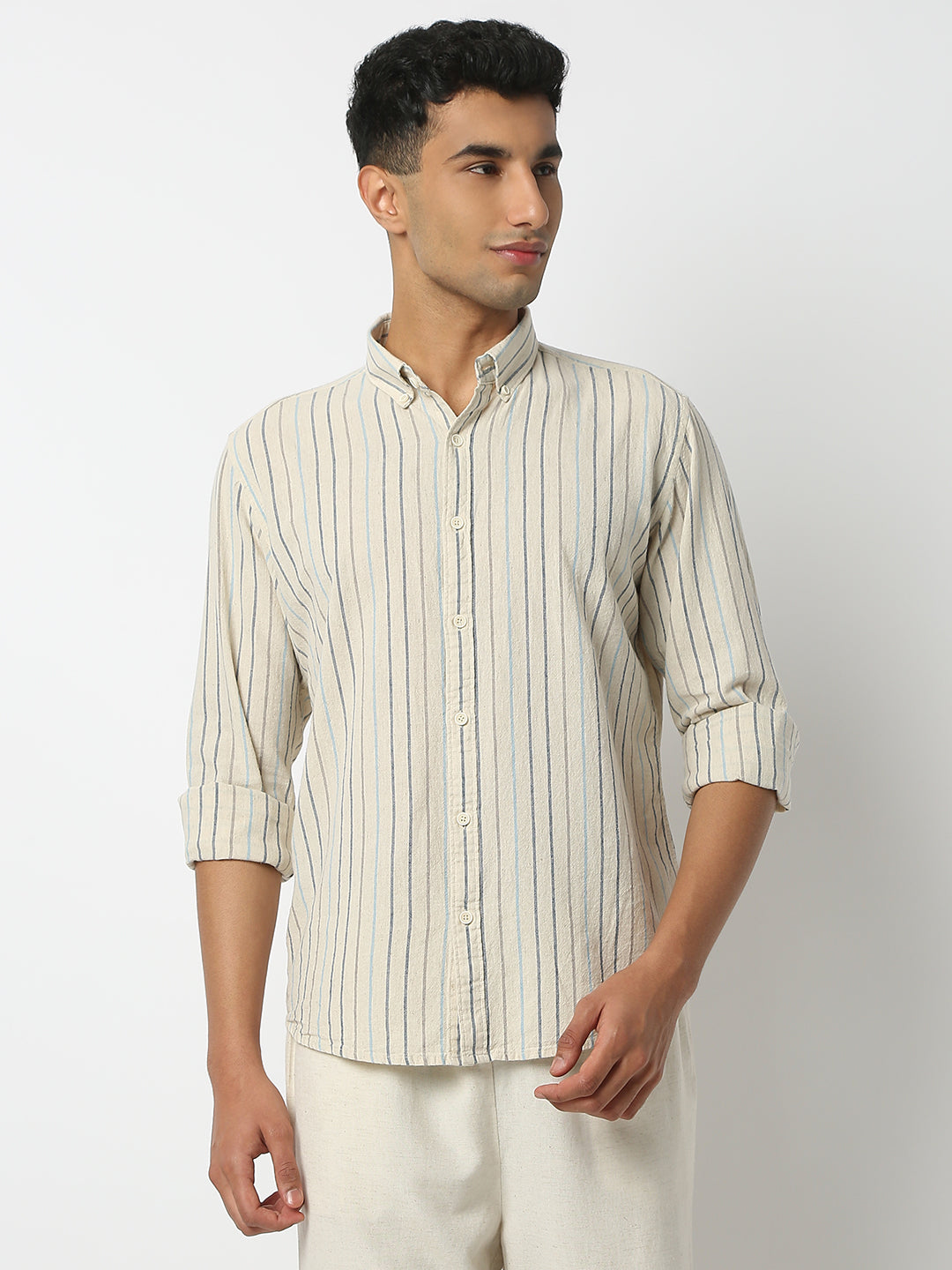 Relaxed Fit Striped Shirt Collar Full Sleeve Shirt
