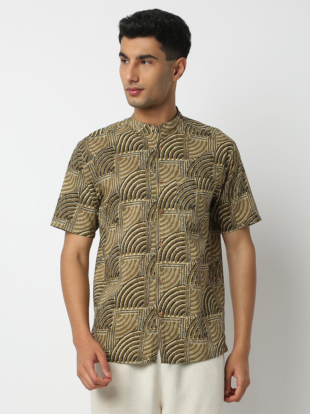 Relaxed Fit Printed Mandarin Collar Half Sleeve Shirt