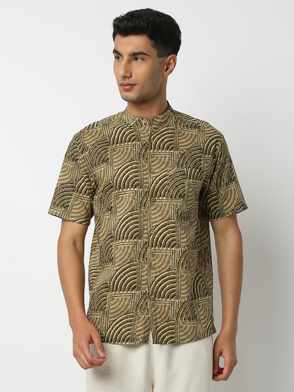 Relaxed Fit Printed Mandarin Collar Half Sleeve Shirt