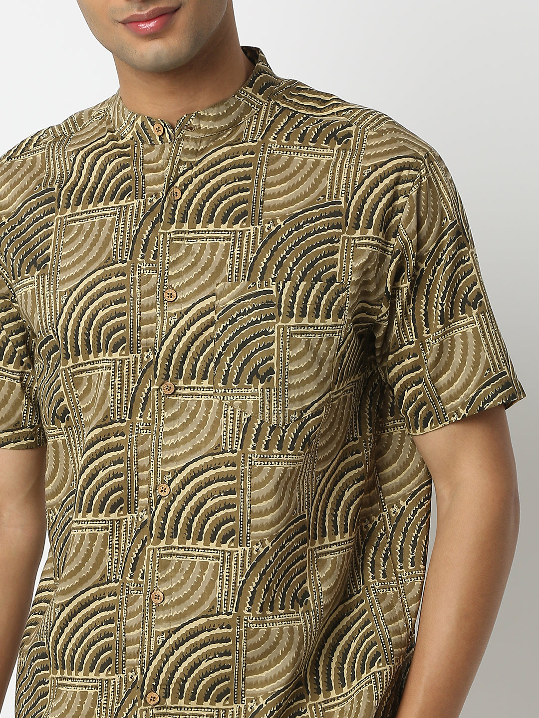 Relaxed Fit Printed Mandarin Collar Half Sleeve Shirt