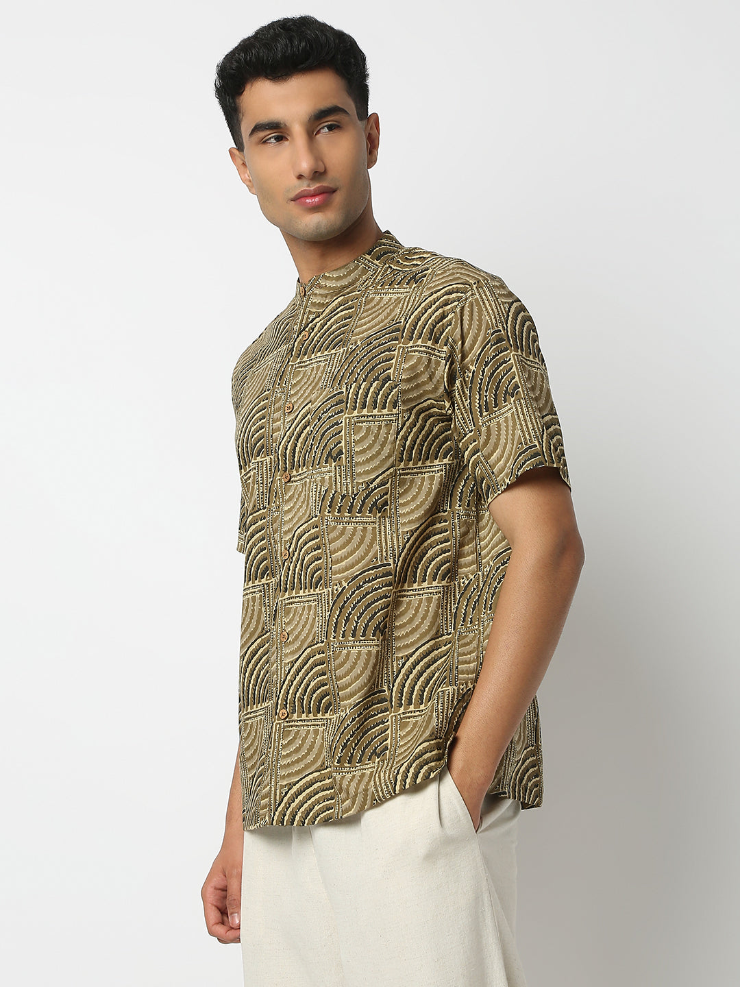 Relaxed Fit Printed Mandarin Collar Half Sleeve Shirt