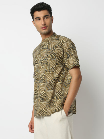 Relaxed Fit Printed Mandarin Collar Half Sleeve Shirt
