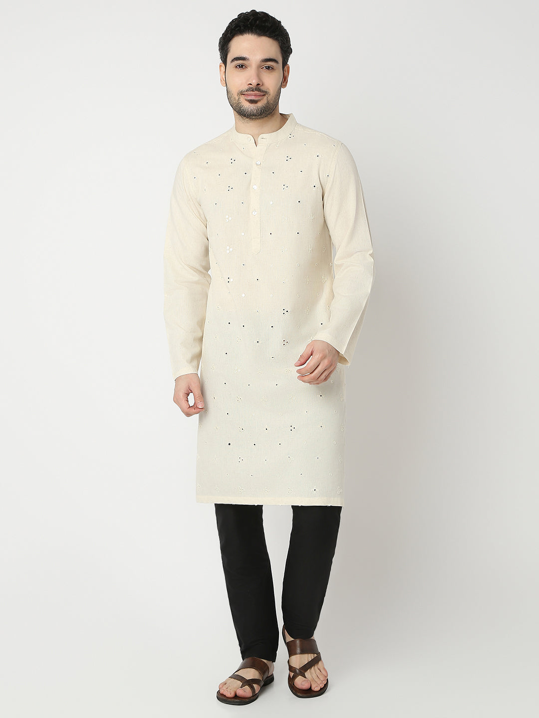 Straight Fit All Over Embroidered Full Sleeve Kurta