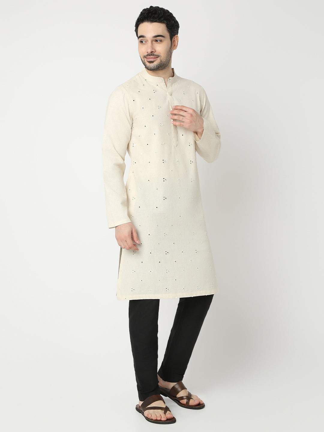 Straight Fit All Over Embroidered Full Sleeve Kurta