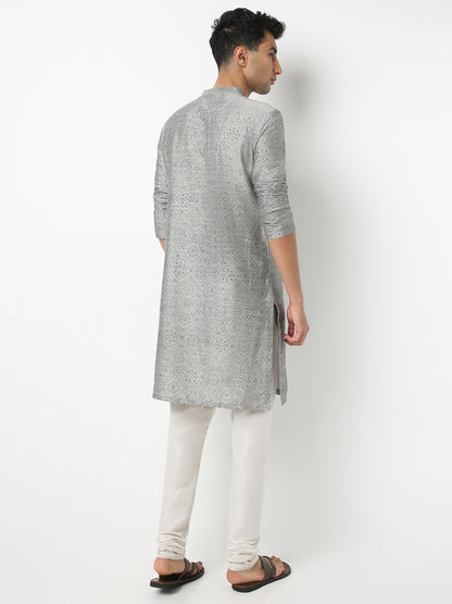 Straight Fit Printed Mandarin Collar Full Sleeve Kurta