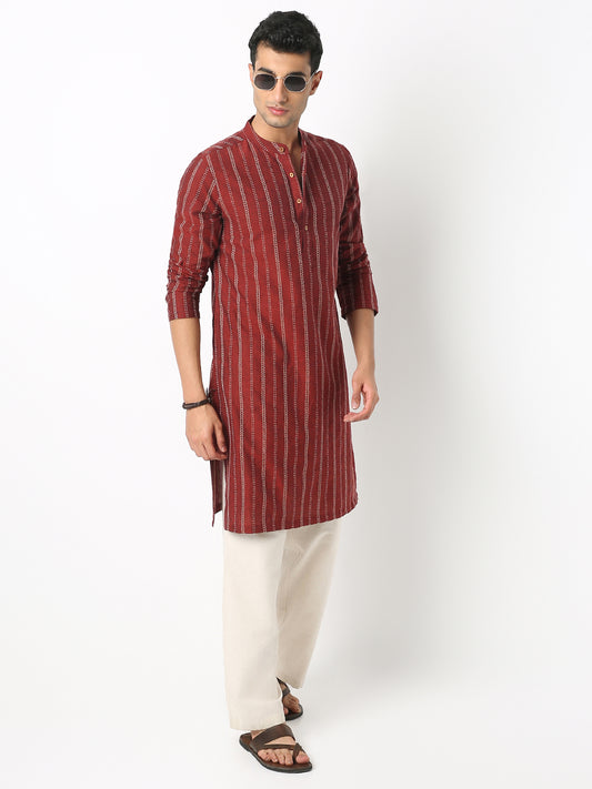 Regular Fit Striped Mandarin Collar Full Sleeve Kurta