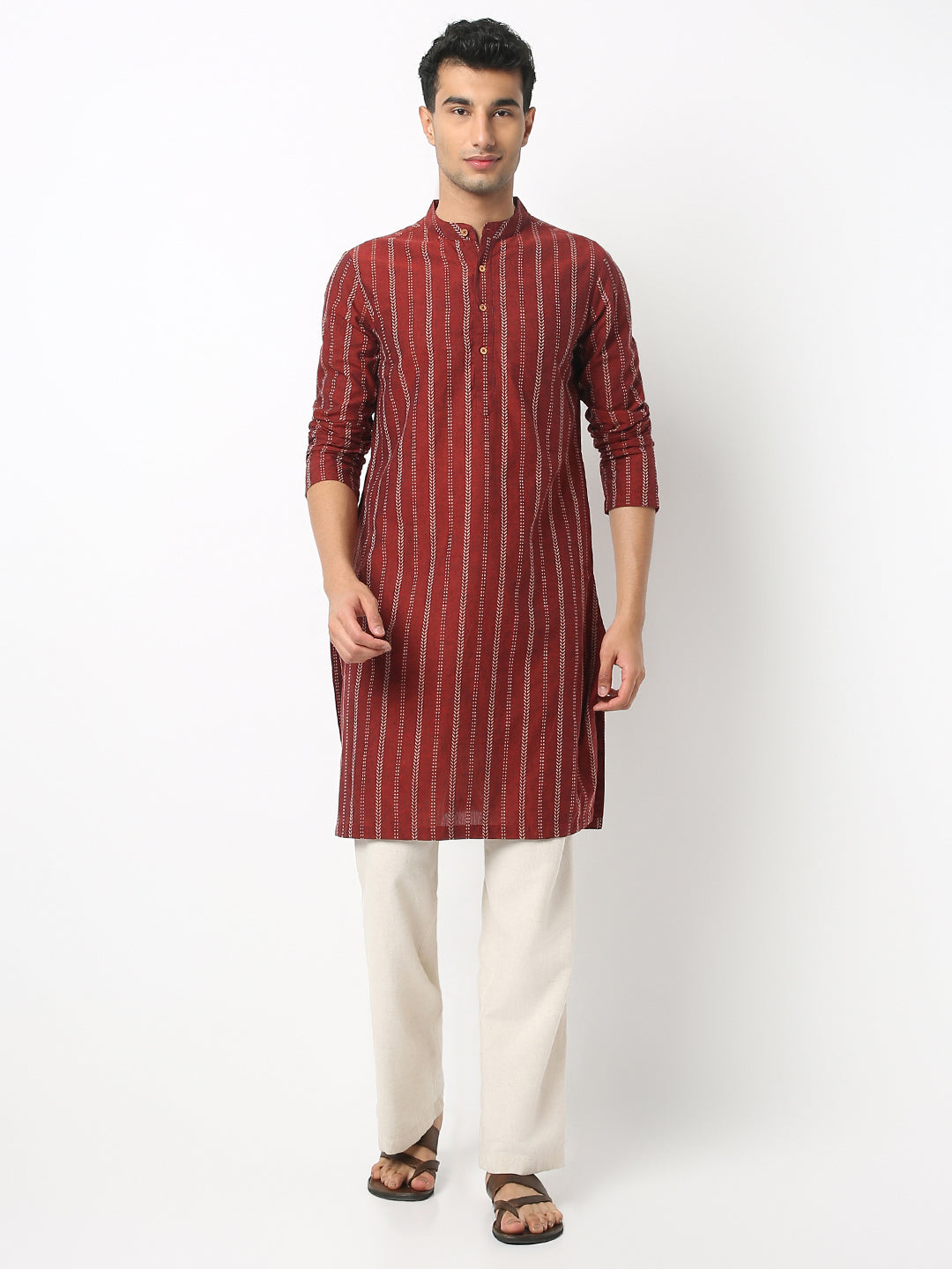 Regular Fit Striped Mandarin Collar Full Sleeve Kurta