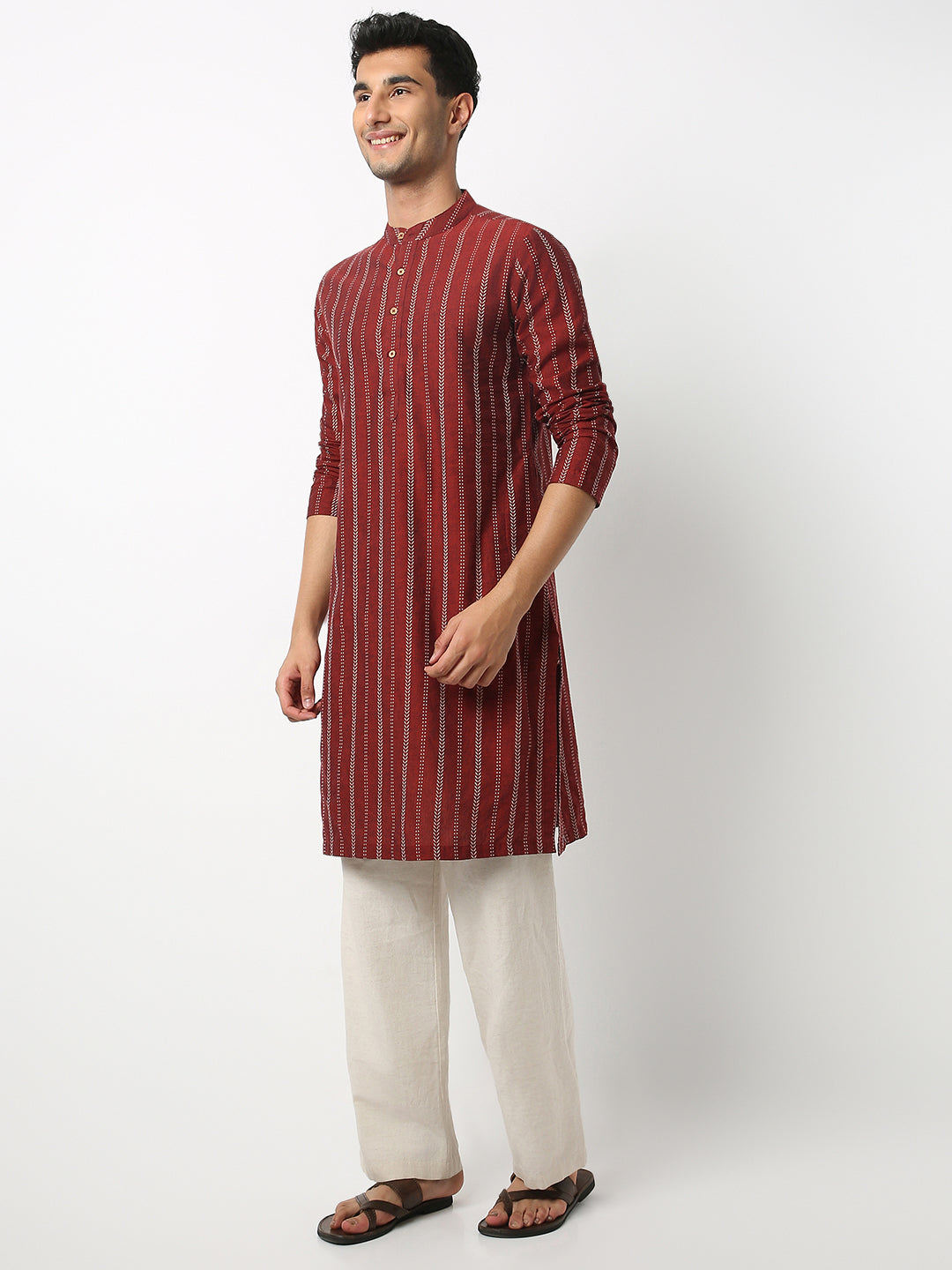 Regular Fit Striped Mandarin Collar Full Sleeve Kurta