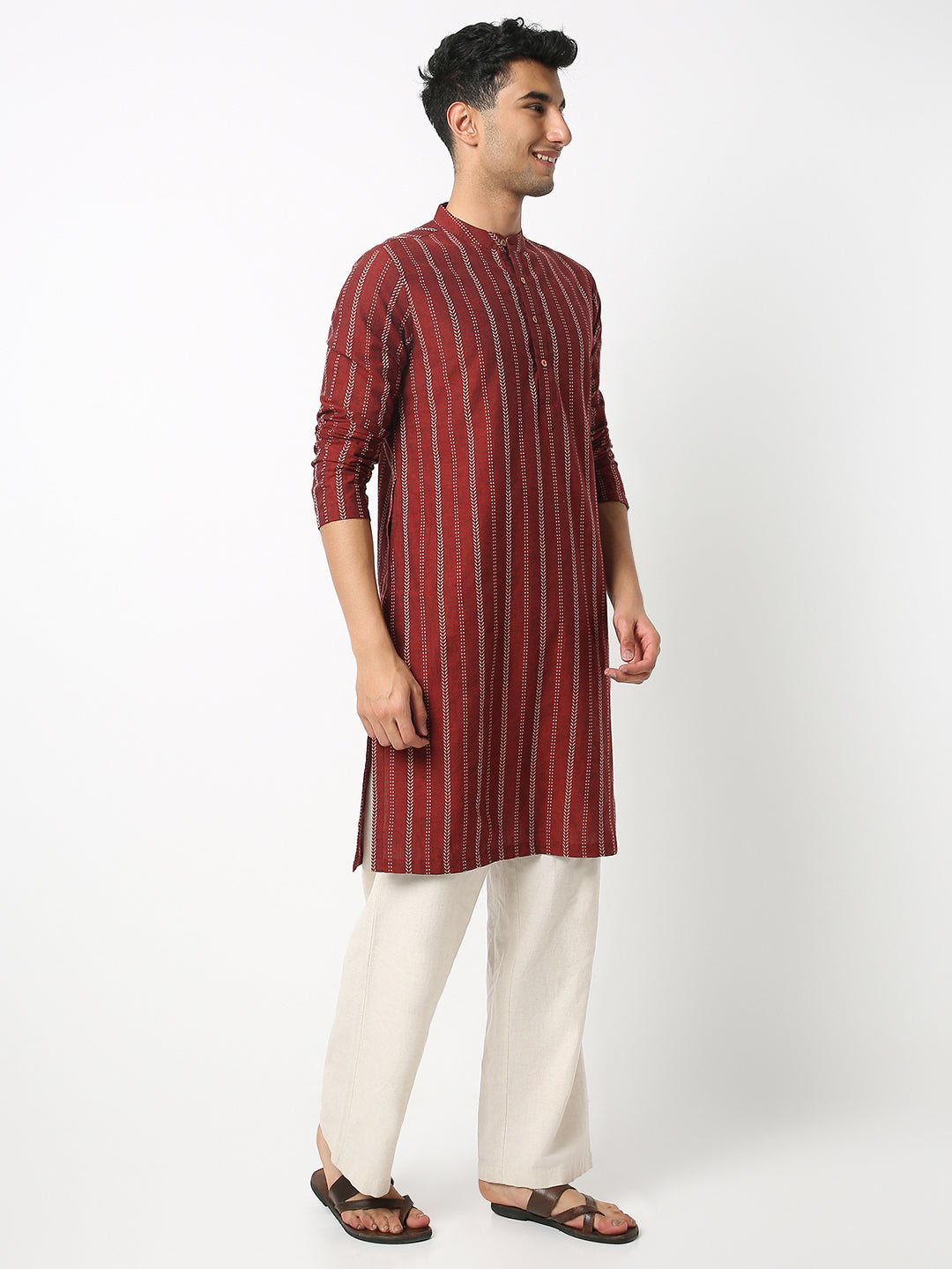 Regular Fit Striped Mandarin Collar Full Sleeve Kurta