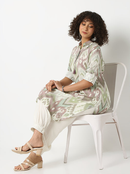 Nylangan Straight Fit Printed Shirt Collar Three-Fourth Sleeve Kurta and Pant Set