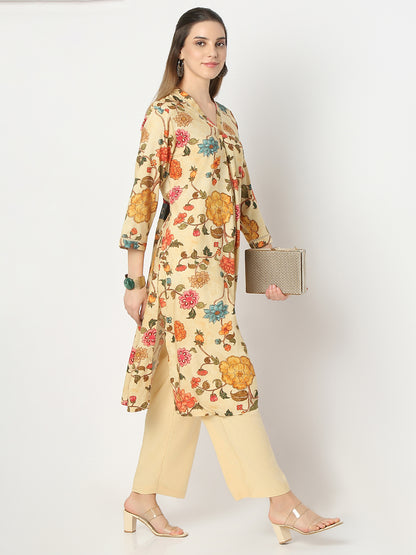 Nylangan Regular Fit Printed Band Neck Kurta with Pant Set