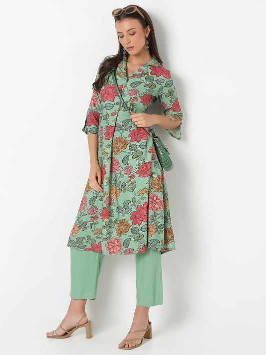 Nylangan Flare Fit Printed Three-Fourth Sleeve Kurta with Pant Set