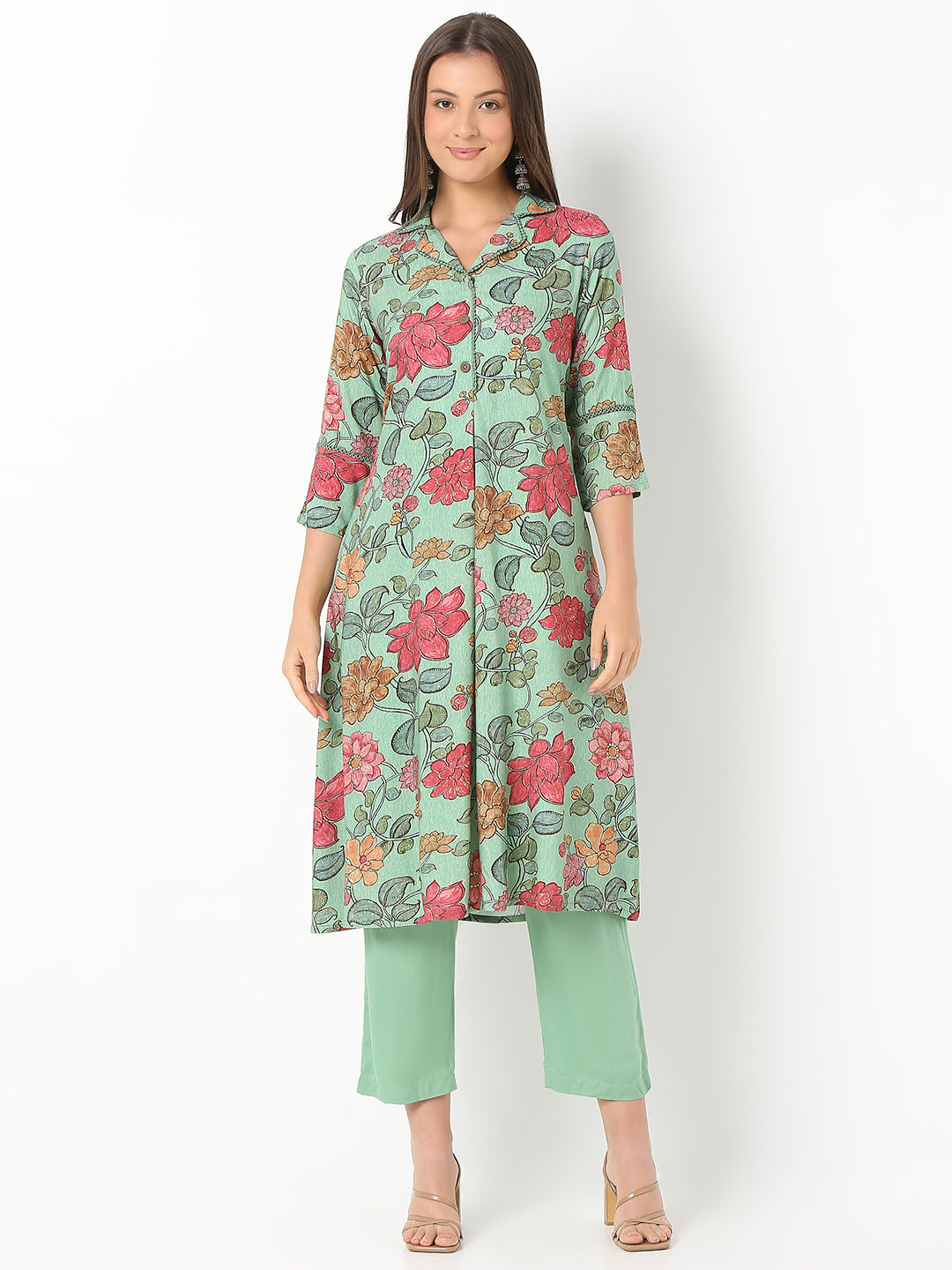 Nylangan Flare Fit Printed Three-Fourth Sleeve Kurta with Pant Set