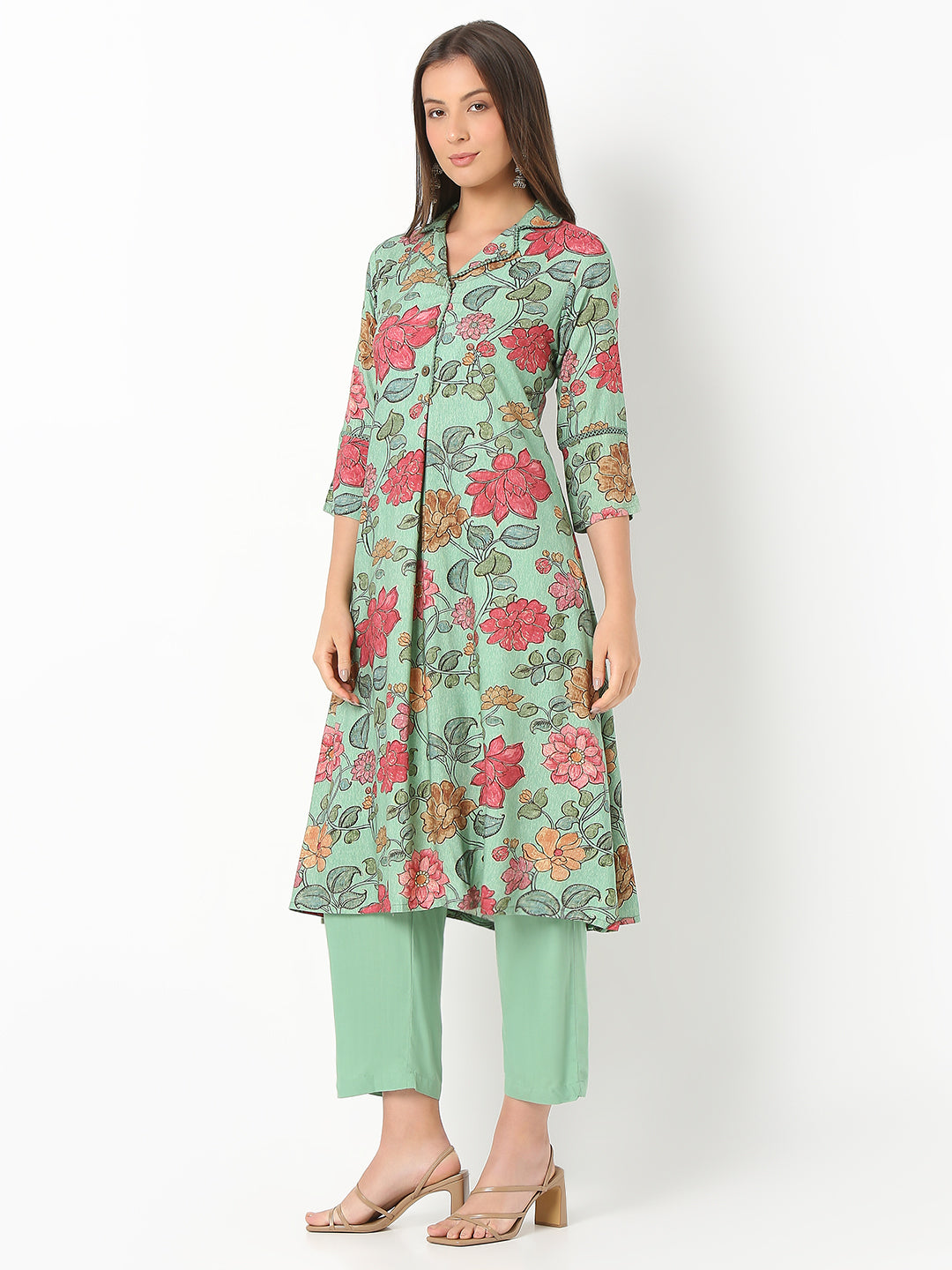 Nylangan Flare Fit Printed Three-Fourth Sleeve Kurta with Pant Set