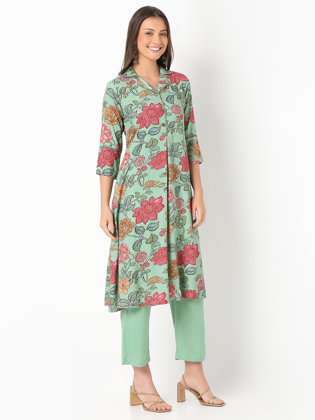 Nylangan Flare Fit Printed Three-Fourth Sleeve Kurta with Pant Set