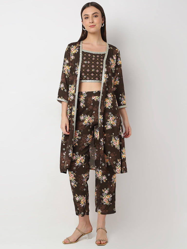 Carrot Crop Printed Crop Top & Pant with Jacket Set