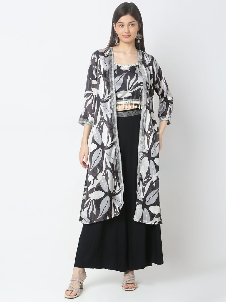 Flare Fit Printed Crop Top & Palazzo with Shrug Set