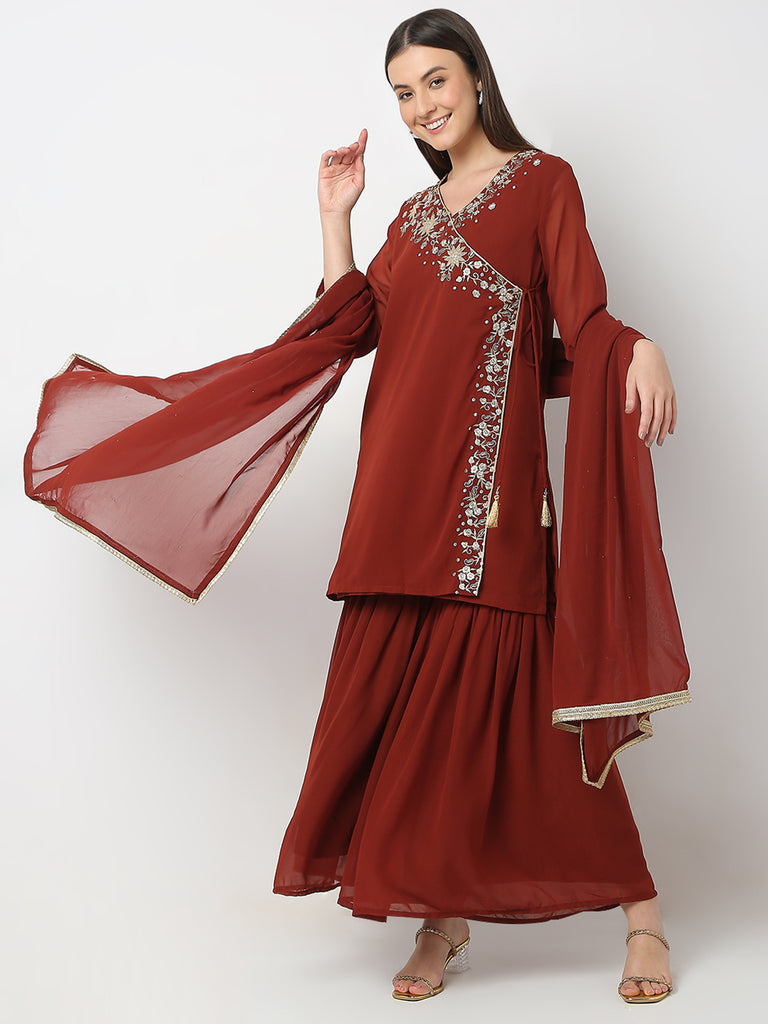 Regular Fit Embroidered Kurta & Sharara with Dupatta Set