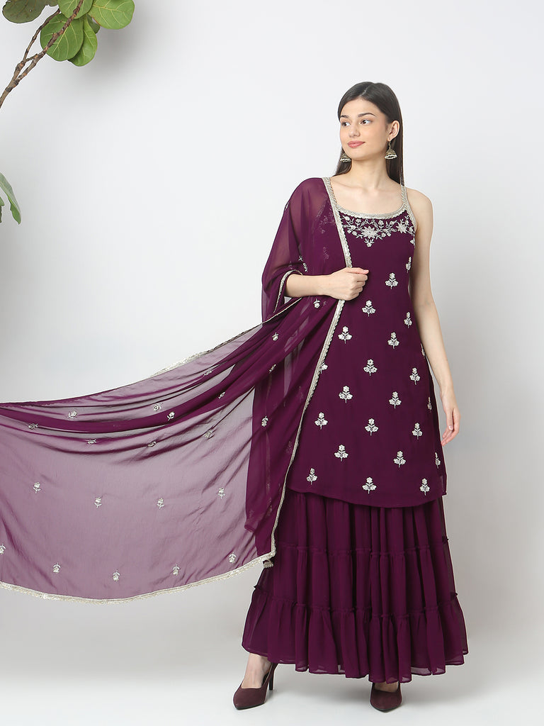 Regular Fit Embroidered Kurta & Sharara with Dupatta Set