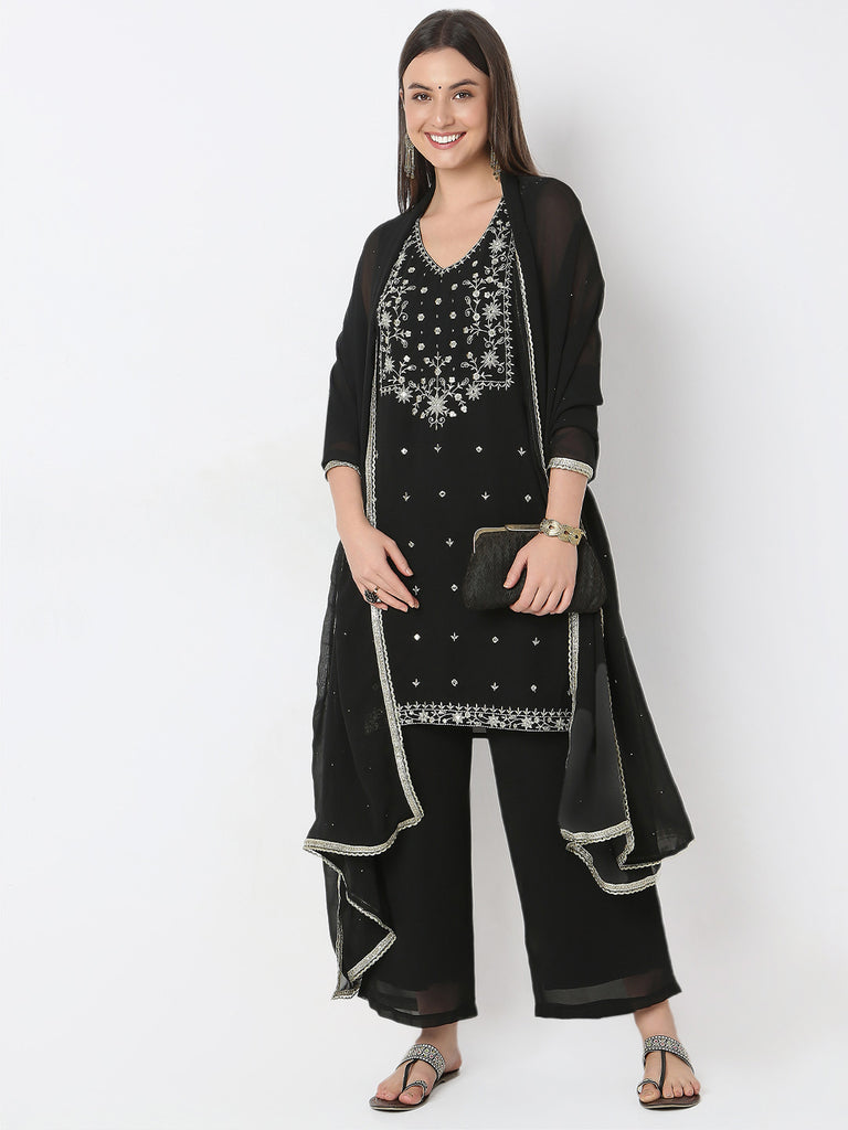 Straight Fit Embellished Kurta and Palazzo with Dupatta Set