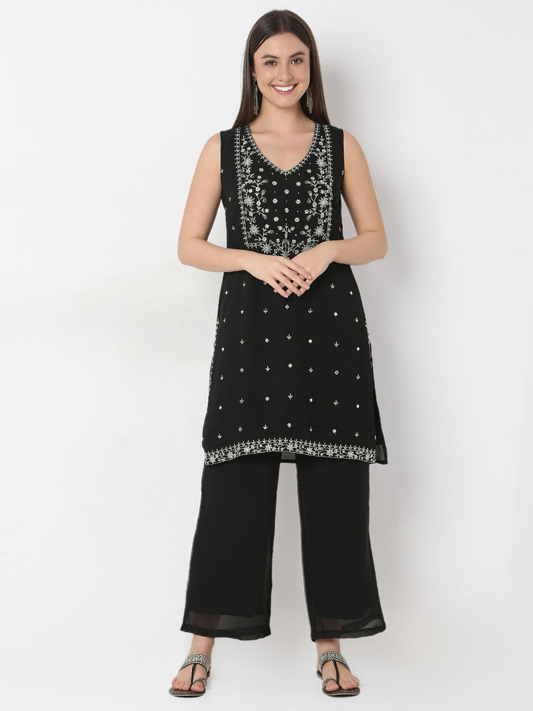 Straight Fit Embellished Kurta and Palazzo with Dupatta Set