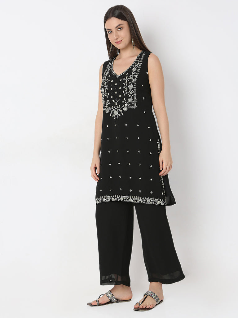 Straight Fit Embellished Kurta and Palazzo with Dupatta Set