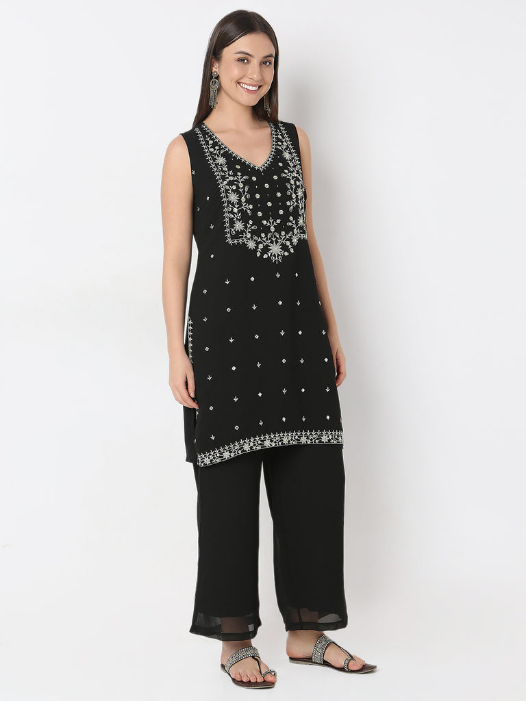 Straight Fit Embellished Kurta and Palazzo with Dupatta Set