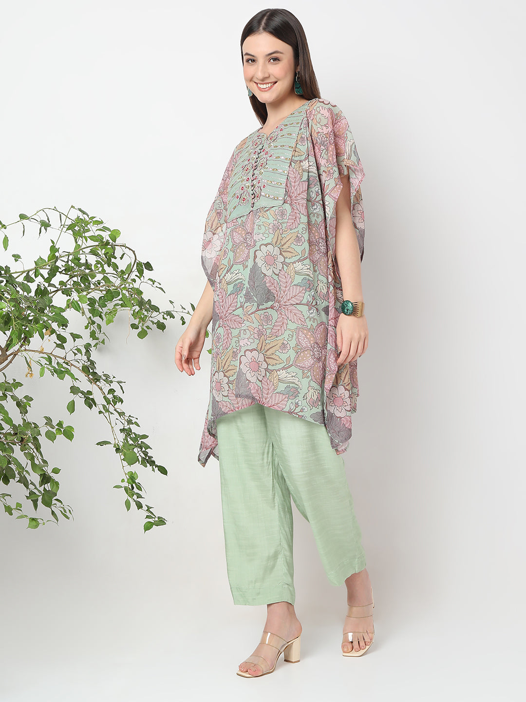 Flare Fit Printed Kaftaan Slip and Kurta with Pant Set