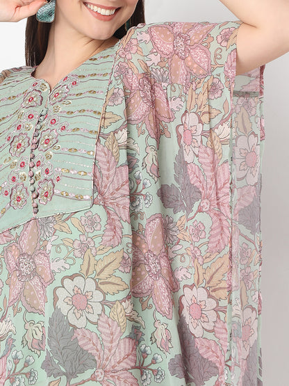 Flare Fit Printed Kaftaan Slip and Kurta with Pant Set