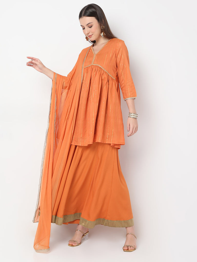 Regular Fit Solid A-Line Kurta and Palazzo with Dupatta Set