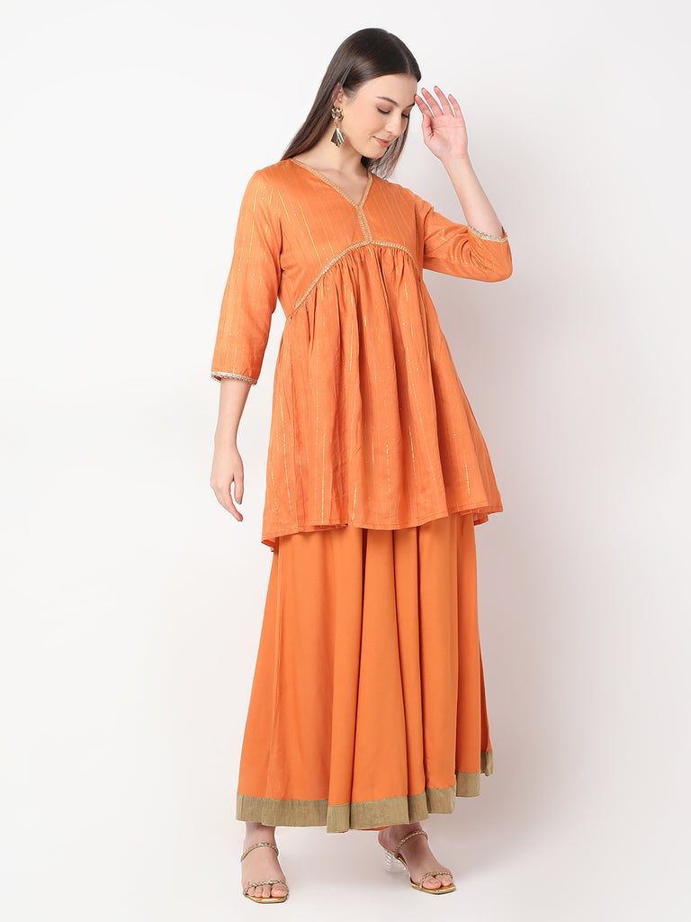 Regular Fit Solid A-Line Kurta and Palazzo with Dupatta Set