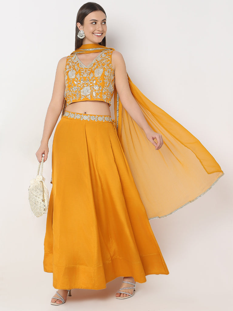 Flare Fit Embellished Crop Top and Skirt with Dupatta Set