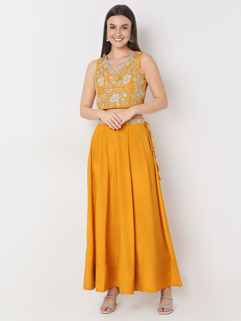 Flare Fit Embellished Crop Top and Skirt with Dupatta Set