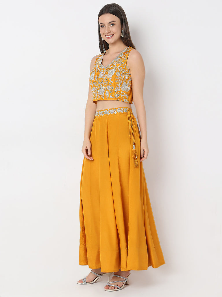 Flare Fit Embellished Crop Top and Skirt with Dupatta Set