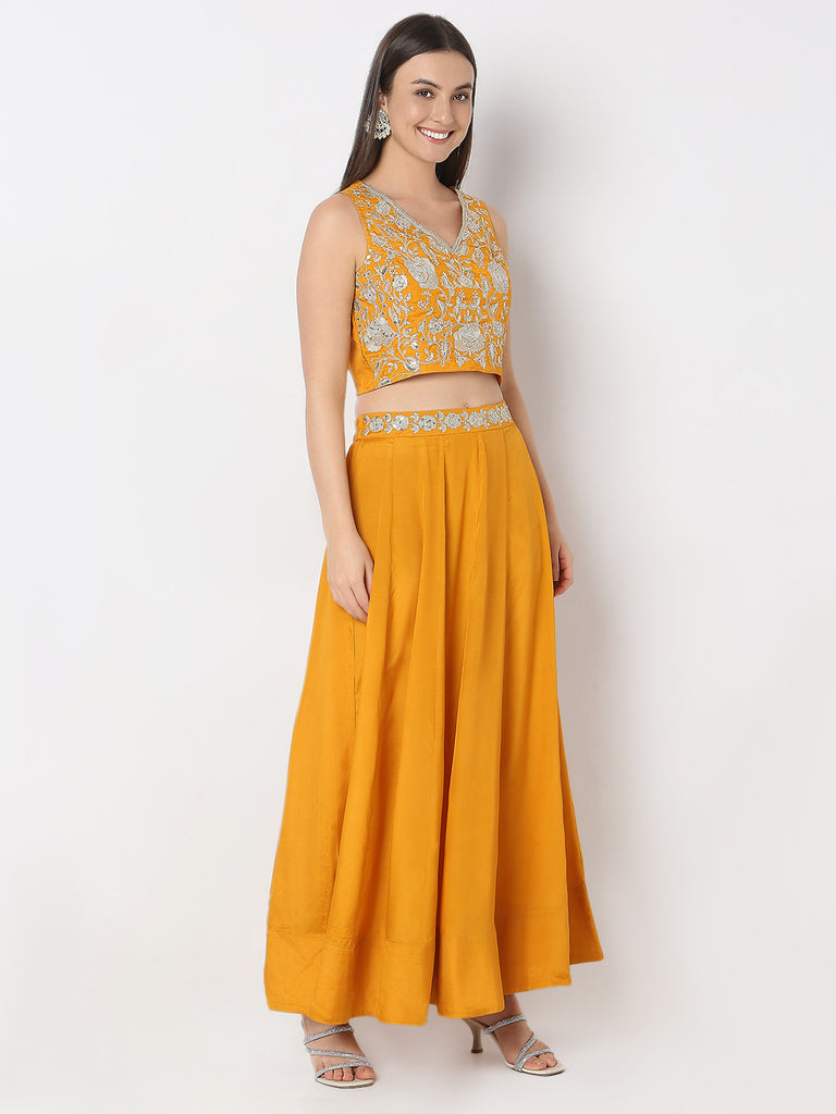 Flare Fit Embellished Crop Top and Skirt with Dupatta Set