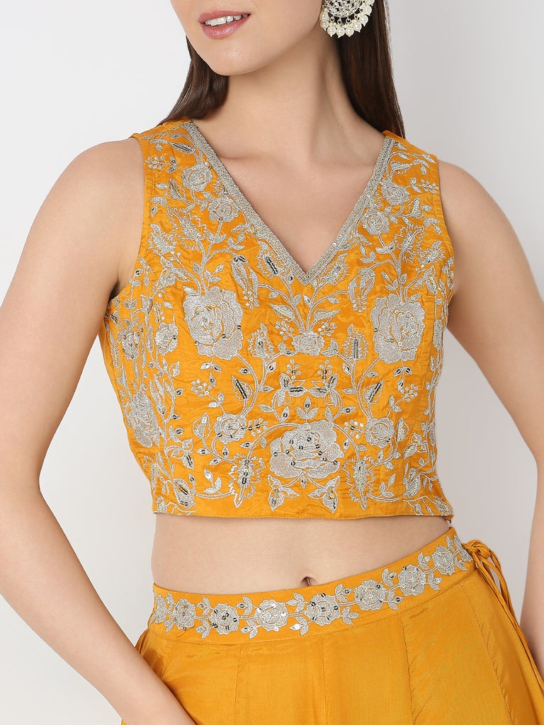 Flare Fit Embellished Crop Top and Skirt with Dupatta Set