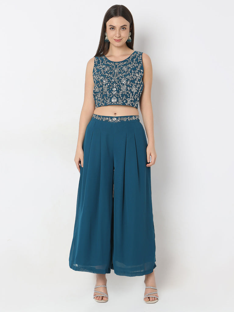 Flare Fit Embellished Crop Top and Palazzo with Shrug Set