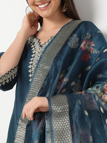 Straight Fit Embroidered Kurta and Pant with Dupatta Set