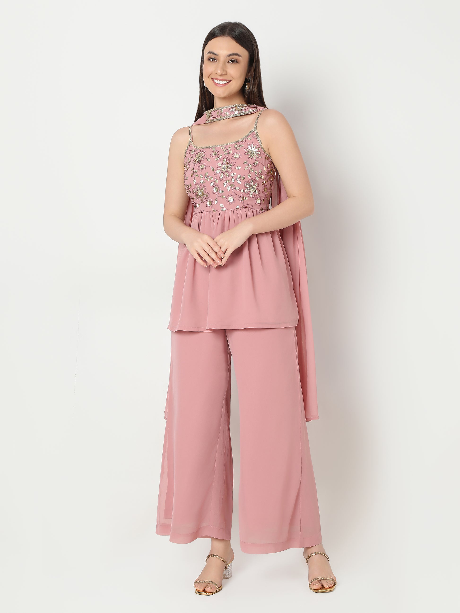 Straight Fit Embellished Top and Palazzo with Dupatta Set