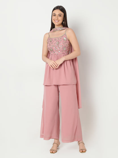Straight Fit Embellished Top and Palazzo with Dupatta Set