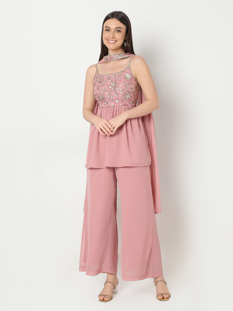 Straight Fit Embellished Top and Palazzo with Dupatta Set