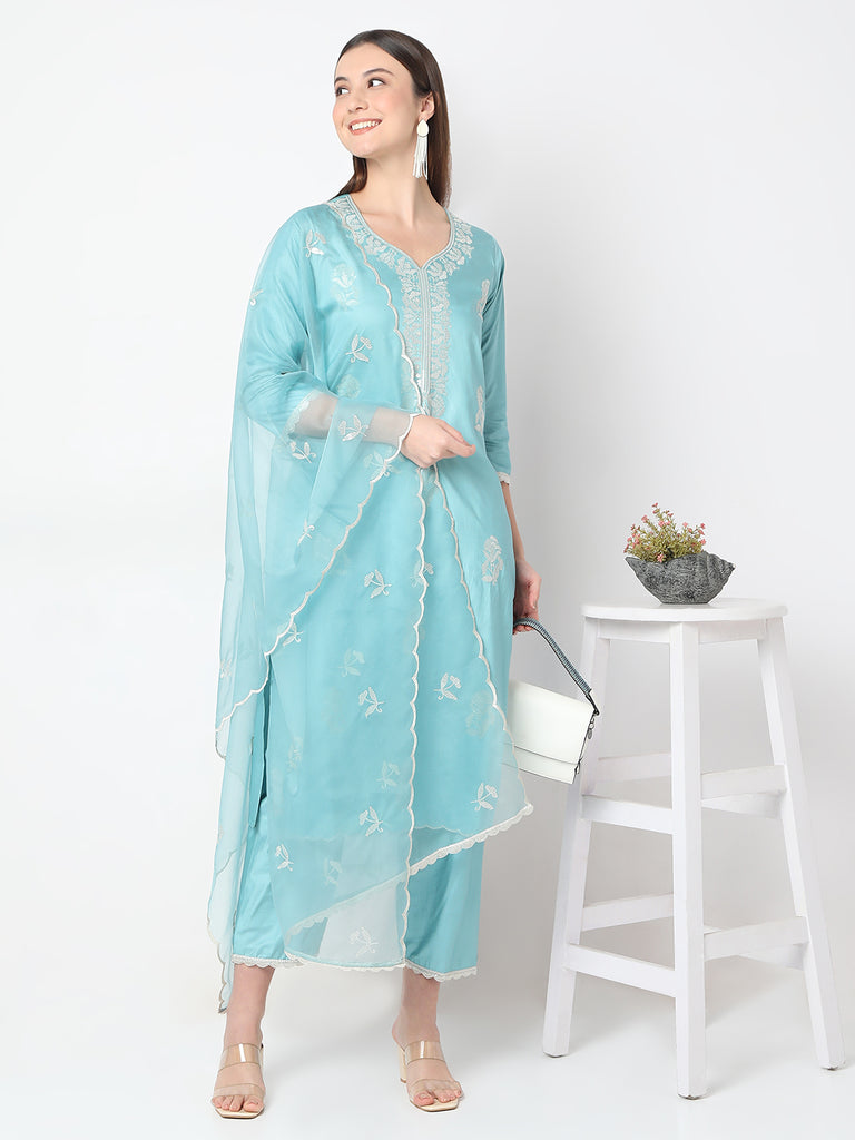 Straight Fit Embroidered Straight Kurta and Pant with Dupatta Set