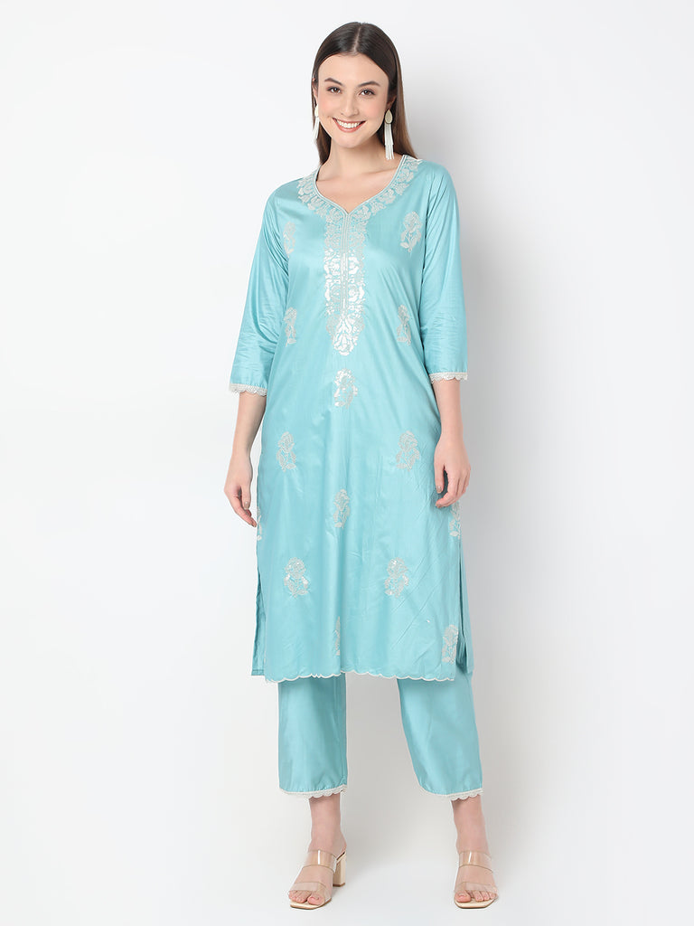 Straight Fit Embroidered Straight Kurta and Pant with Dupatta Set