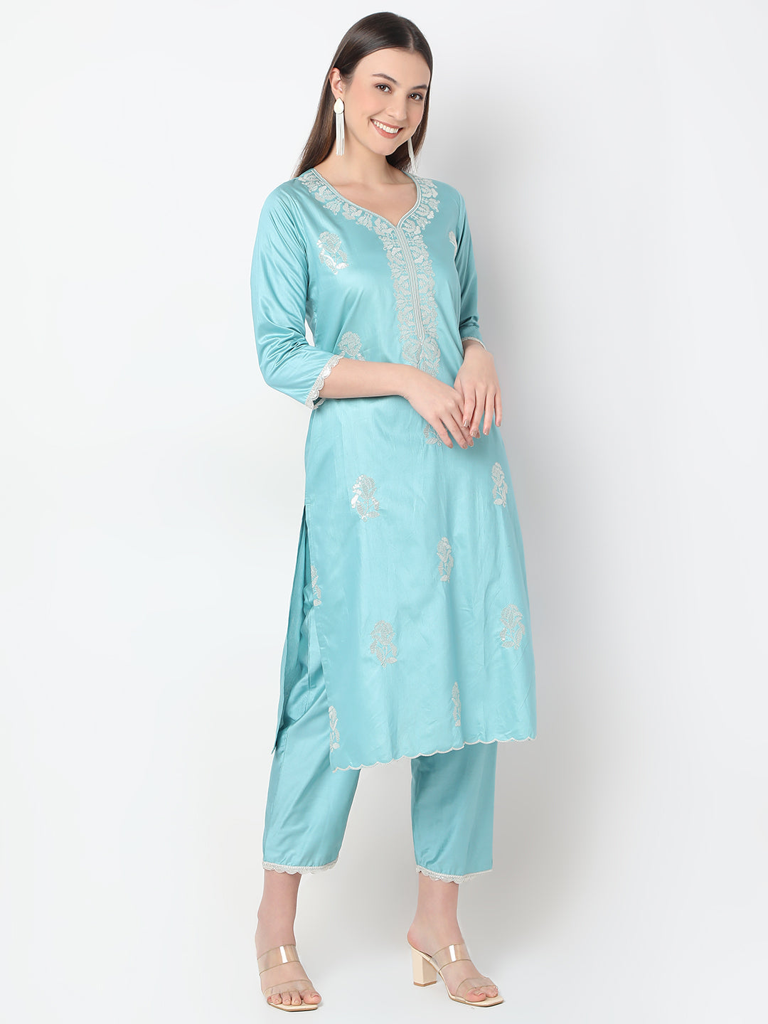 Straight Fit Embroidered Straight Kurta and Pant with Dupatta Set