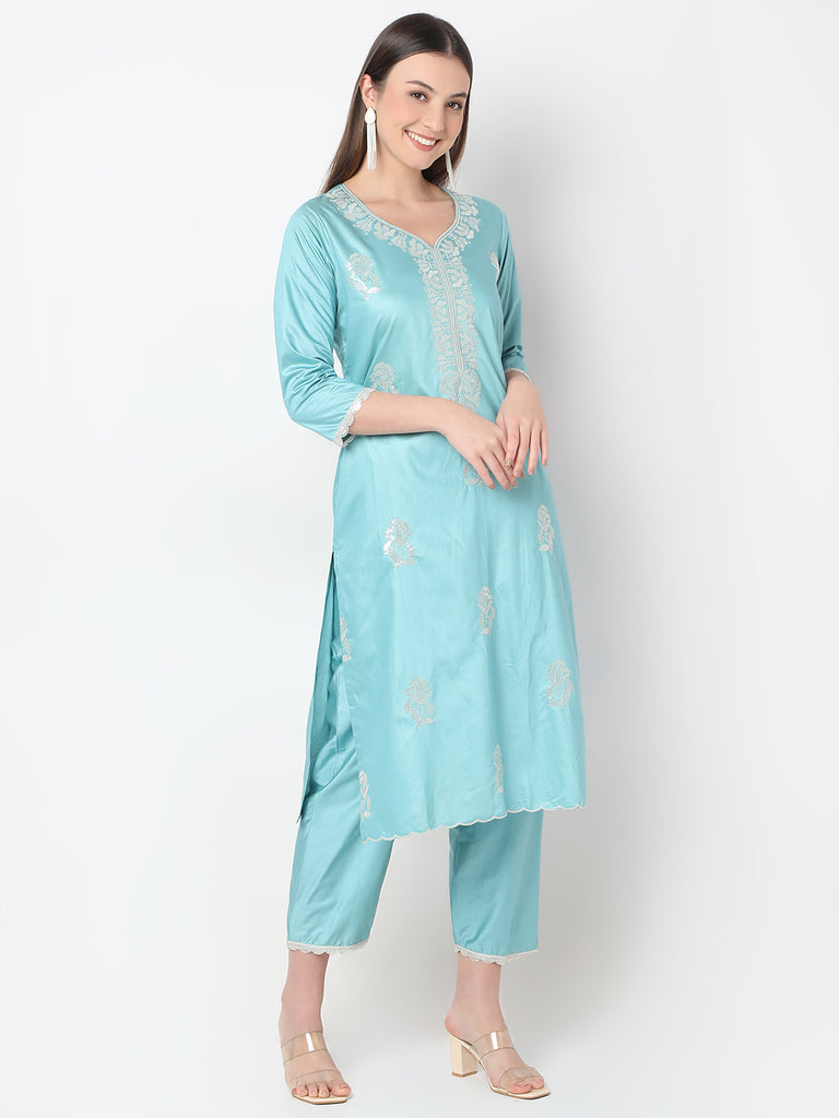 Straight Fit Embroidered Straight Kurta and Pant with Dupatta Set