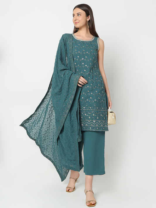 Straight Fit Embroidered Kurta and Pant with Dupatta Set